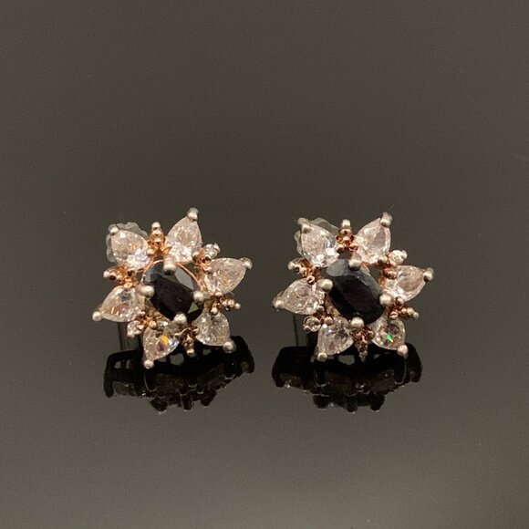 Sapphire White Topaz Sterling Silver Vermeil Designer JC Cluster Earrings J780 - Picture 1 of 9